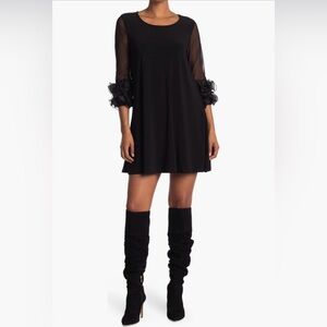 Nina Leonard Ruffle Mesh Sleeve Dress Black Size 2X